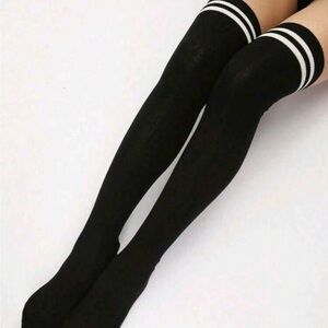 Black Over-The-Knee Socks with White Stripes - Packable Comfort